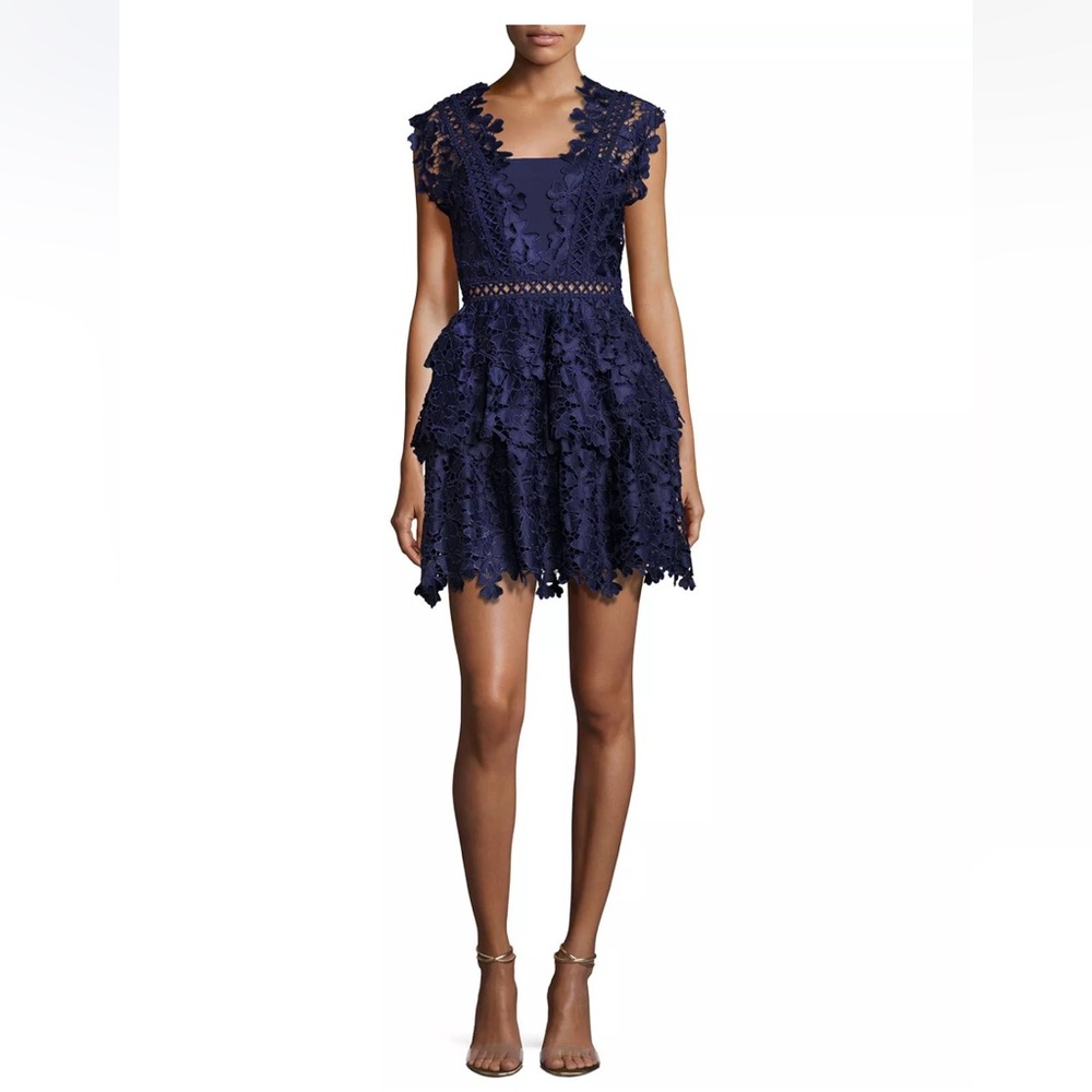 Self-Portrait Clover Embroidered Mini Dress Navy Blue 2